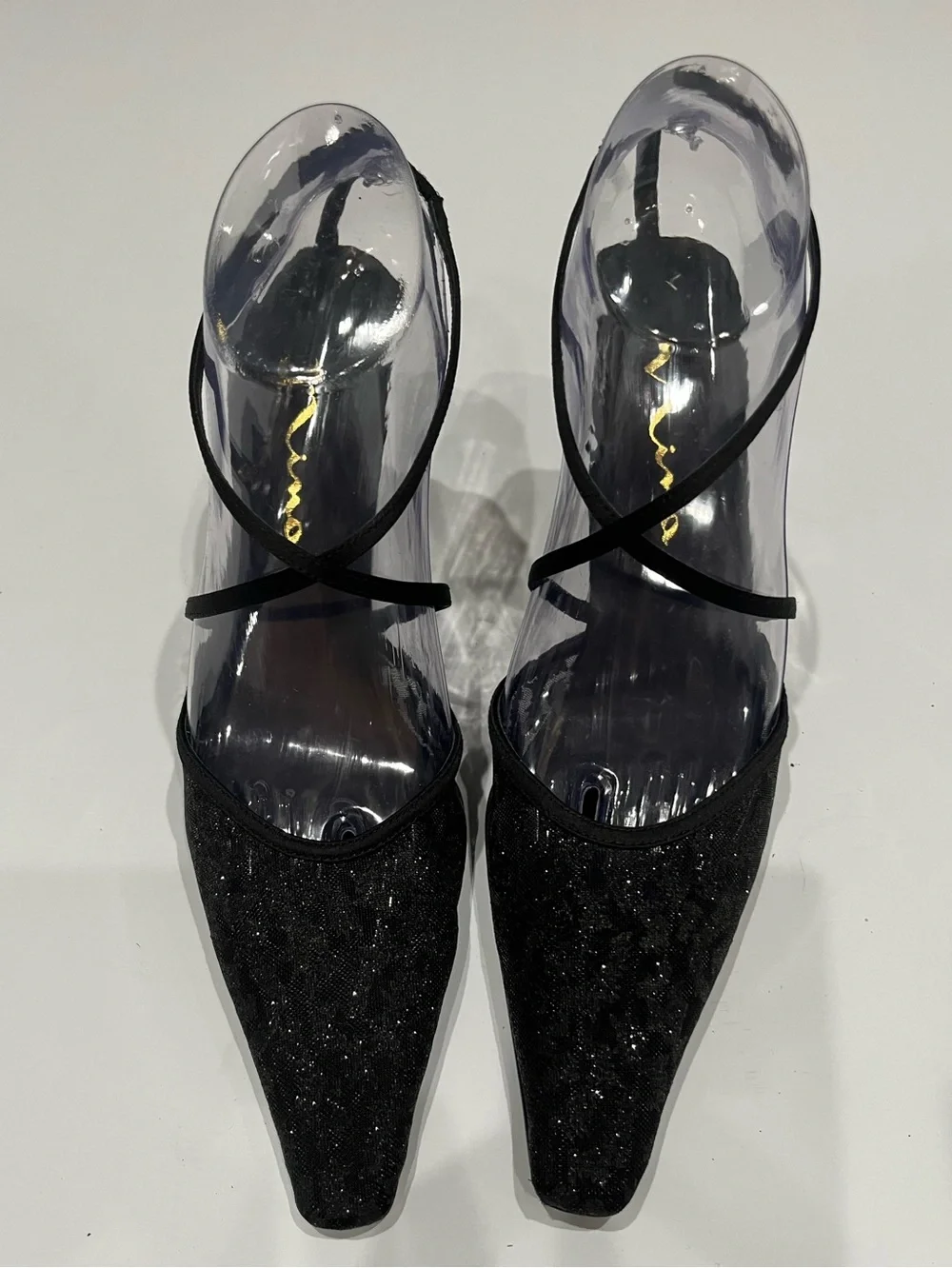 Nina Vintage Black Glittery Strappy Pointed-Toe Kitten Heel Pumps Sz.‎ 8.5